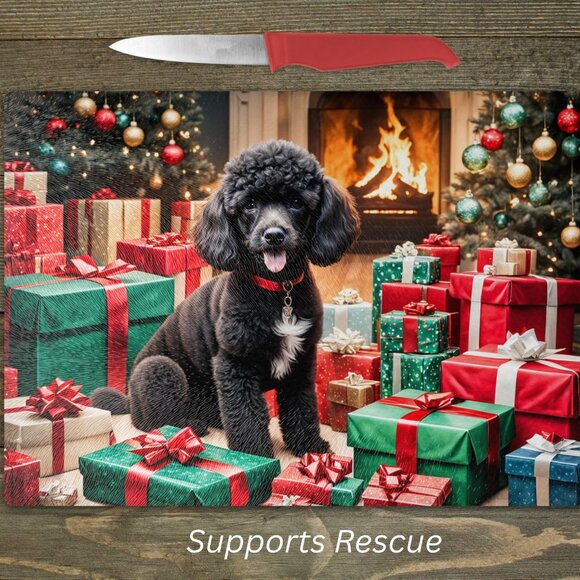 Christmas Black Miniature Poodle Kitchen Tempered Glass Cutting Board or Trivet - Picture 1 of 1